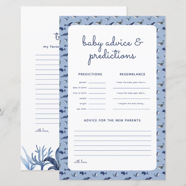 Blue Whale Coral Baby Shower Predictions Game (Front/Back)