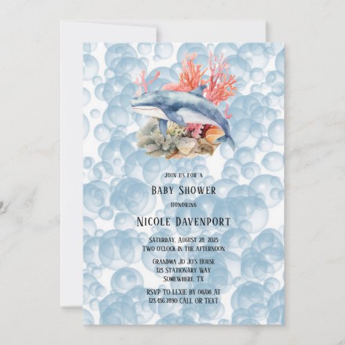 Blue Whale Coral Reef Bubbles Boy Baby Shower Invitation