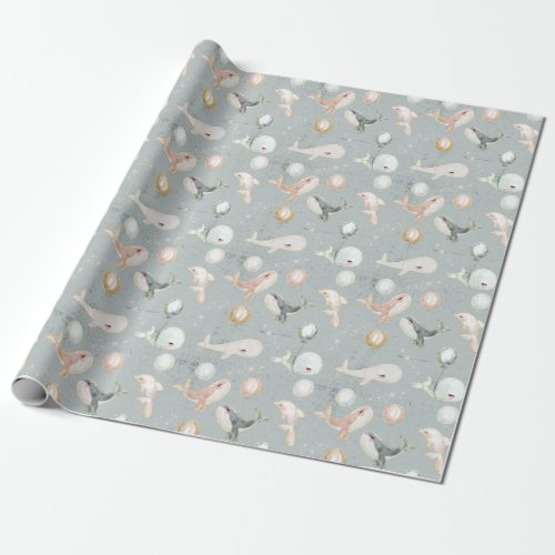 Blue Whale Dolphin and Balloon Gold Glitter Wrapping Paper