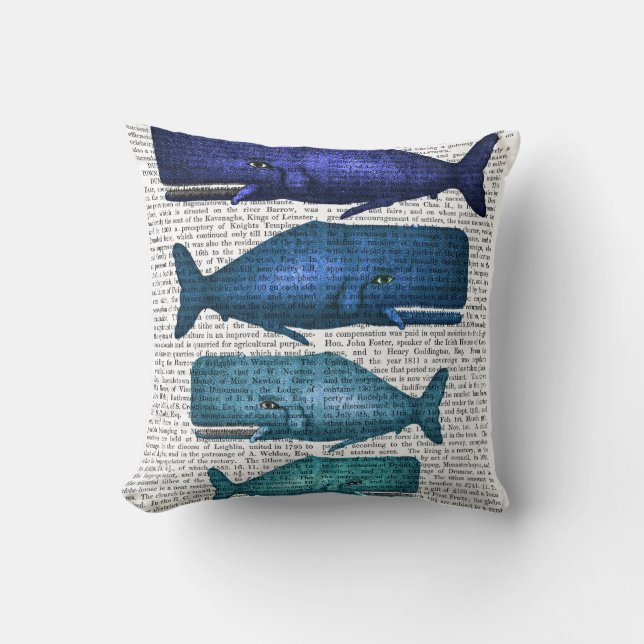 Blue Whale Family Throw Pillow (Front)