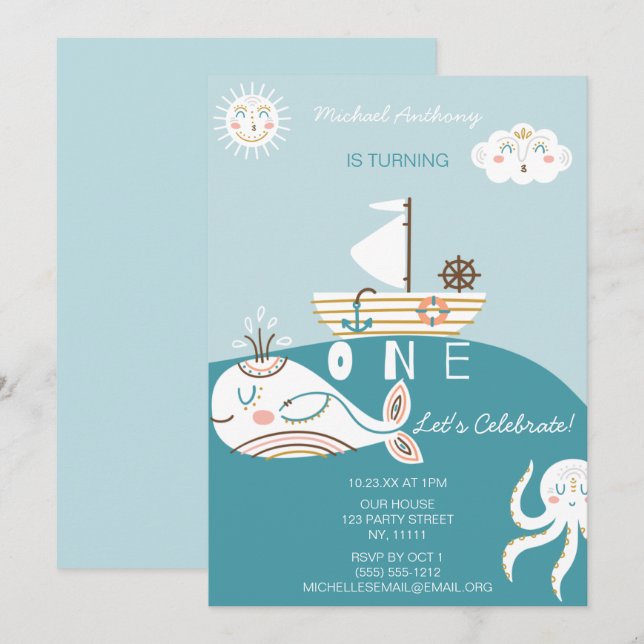 Blue Whale First Birthday Invitation (Front/Back)