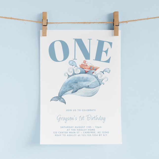 Blue Whale First Birthday Party Invitation (Creator Uploaded)