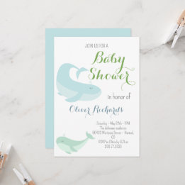 Blue Whale Green Pastel Ocean Fish Baby Shower Invitation