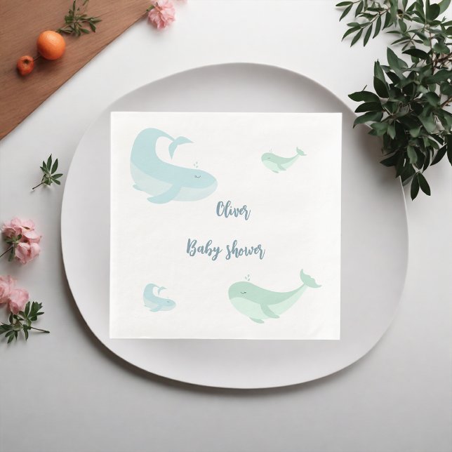 Blue Whale Green Pastel Ocean Fish Baby Shower Paper Dinner Napkins (Creator Uploaded)