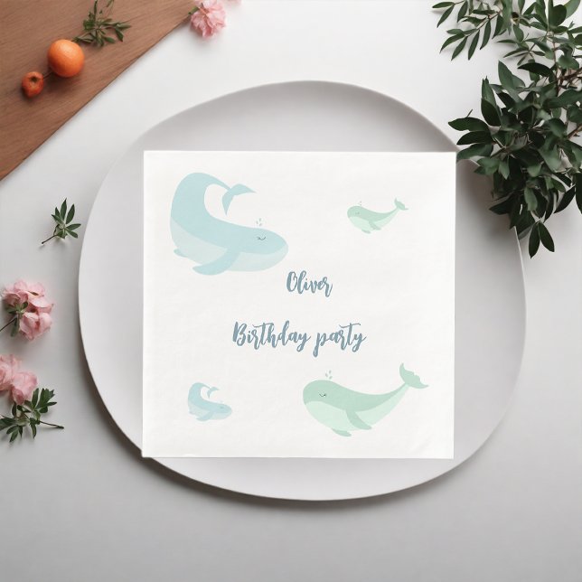 Blue Whale Green Pastel Ocean Fish Birthday  party Paper Dinner Napkins (Creator Uploaded)