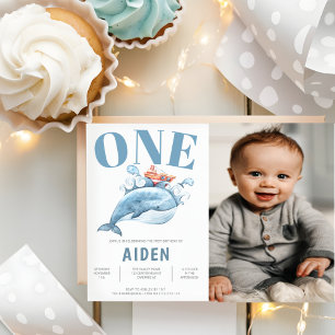 Blue Whale Kid's Birthday Party Photo Invitation