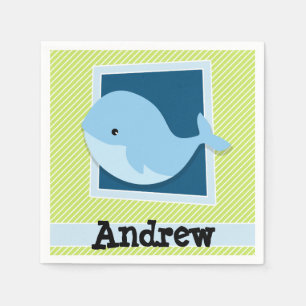 Blue Whale; Lime Green & White Stripes Paper Napkins