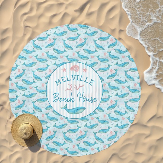 Blue Whale Nautical Beach House Personalized Name Beach Towel (Beach)