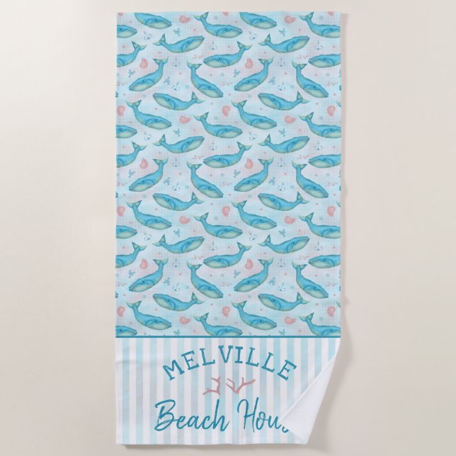 Blue Whale Nautical Beach House Personalized Ocean Beach Towel (Front)
