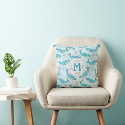 Blue Whale Nautical Beach Ocean Shells Monogrammed Throw Pillow