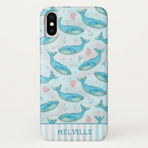 Blue Whale Nautical Beach Sea Pattern Personalized iPhone XS Case