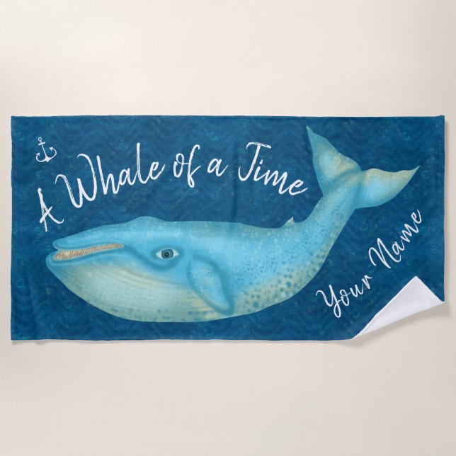 Blue Whale Nautical Beach Time Personalized Ocean Beach Towel (Front)