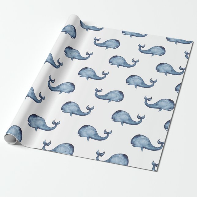 Blue whale. Nautical navy pattern. Sea animal Wrapping Paper (Unrolled)