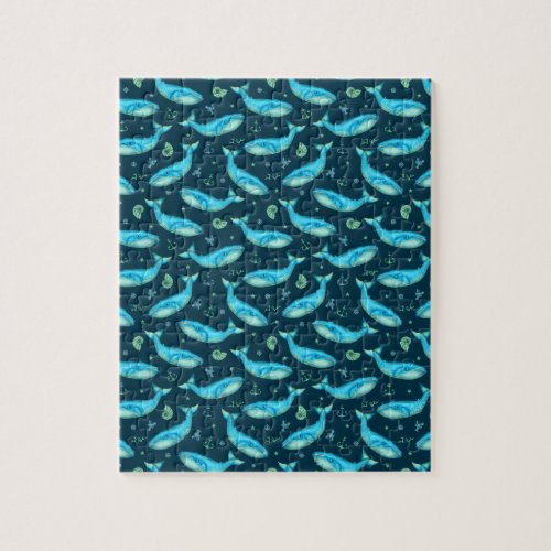 Blue Whale Nautical Ocean Beach Cute Pattern Jigsaw Puzzle