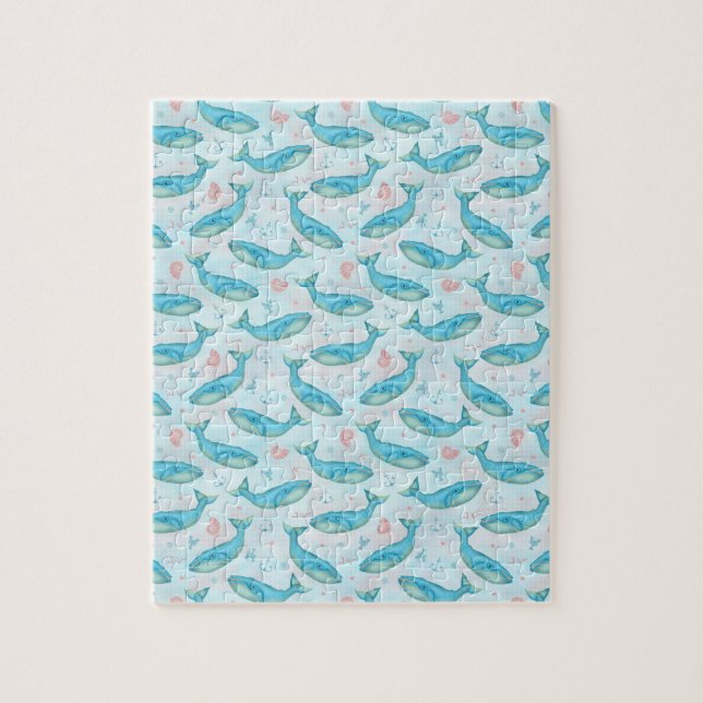 Blue Whale Nautical Ocean Beach Cute Sea Teal Jigsaw Puzzle (Vertical)