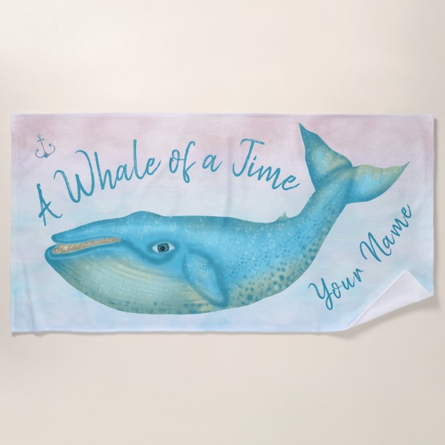 Blue Whale Nautical Ocean Beach Time Custom Name Towel (Front)