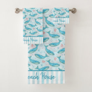 Blue Whale Nautical Ocean Shells   Custom Beach Bath Towel Set