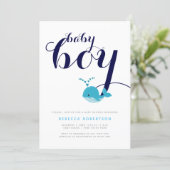 Blue whale navy typography baby boy shower invitation (Standing Front)