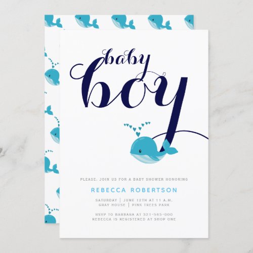 Blue whale navy typography baby boy shower invitation