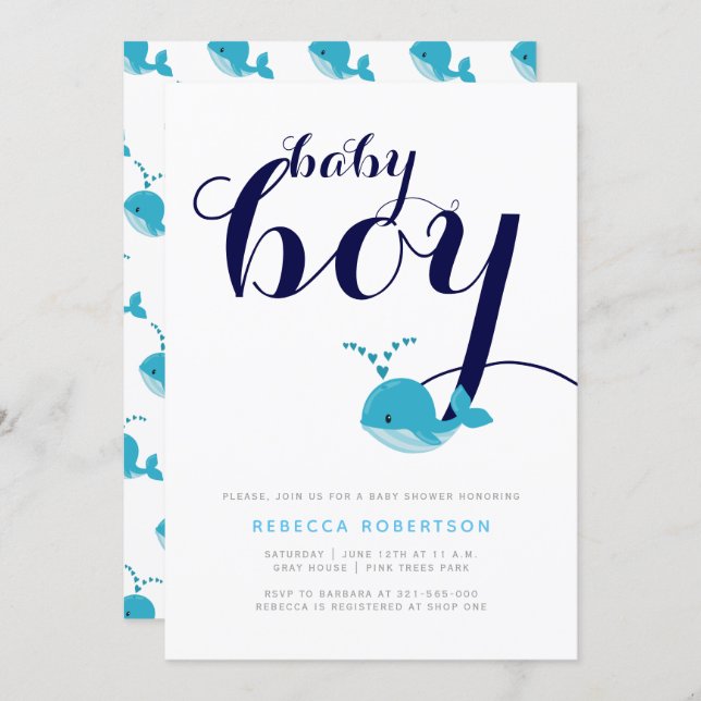 Blue whale navy typography baby boy shower invitation (Front/Back)