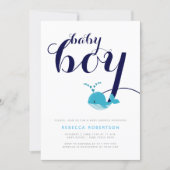 Blue whale navy typography baby boy shower invitation (Front)