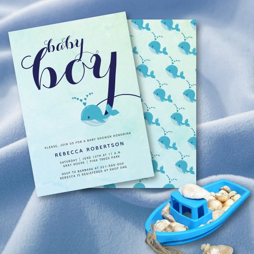 Blue whale navy typography ocean baby boy shower invitation