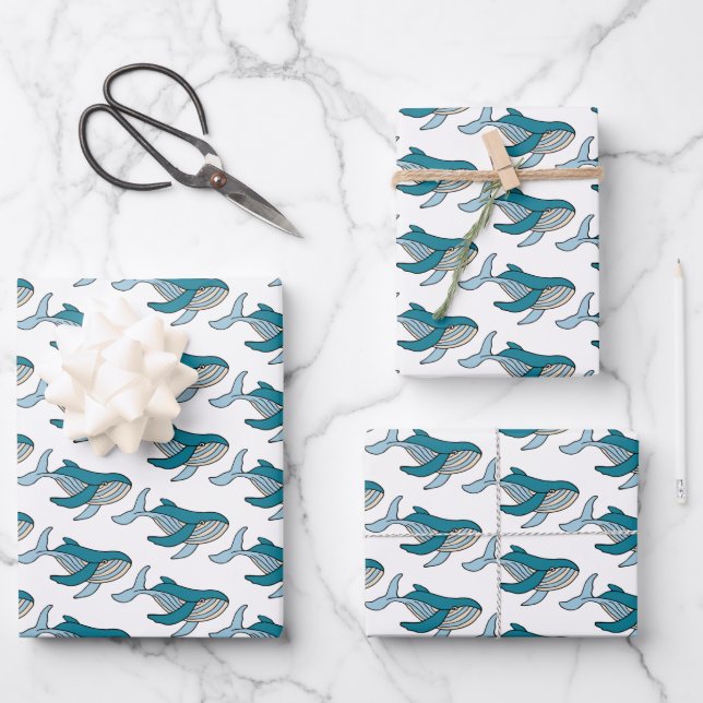 Blue Whale Ocean Kids Pattern Wrapping Paper Sheets (Front)