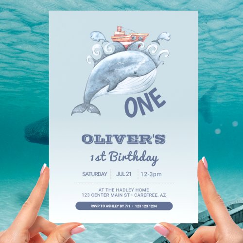 Blue Whale One Boy 1st Birthday Invitation
