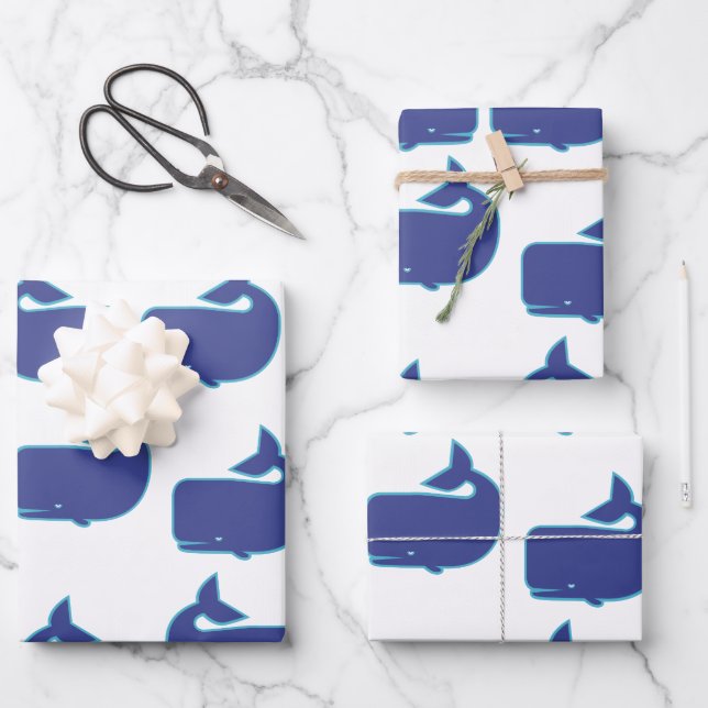 Blue Whale Pattern Coastal Nautical Ocean Pattern Wrapping Paper Sheets (Front)