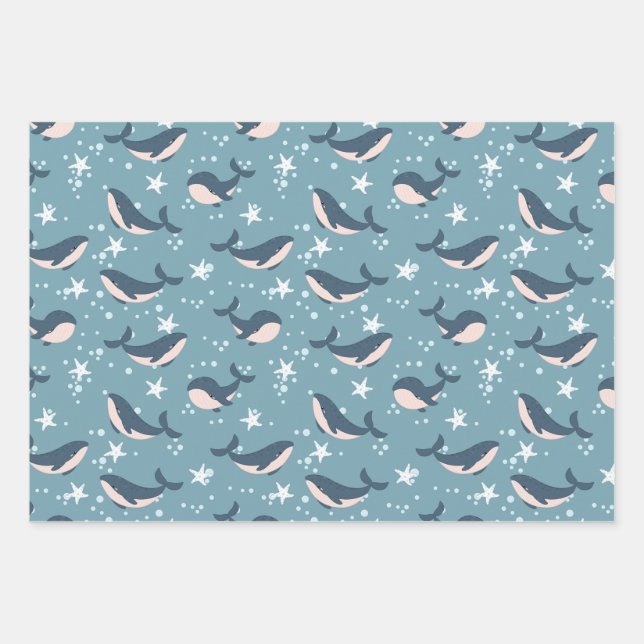 Blue Whale pattern Wrapping Paper Sheets (Front)