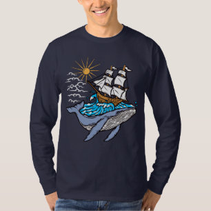 Blue Whale Sailing Ship Wave Nautical Theme  T-Shirt
