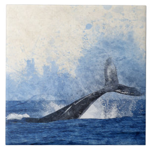 Blue Whale Splashing in Ocean Art Ceramic Tile