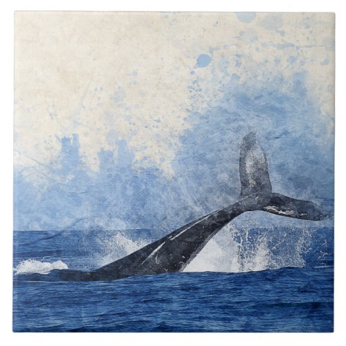 Blue Whale Splashing in Ocean Art Ceramic Tile