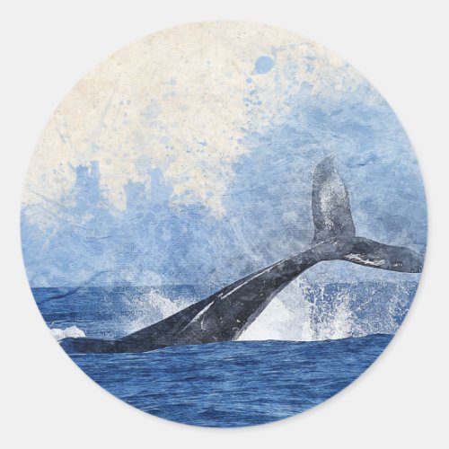 Blue Whale Splashing in Ocean Art Classic Round Sticker