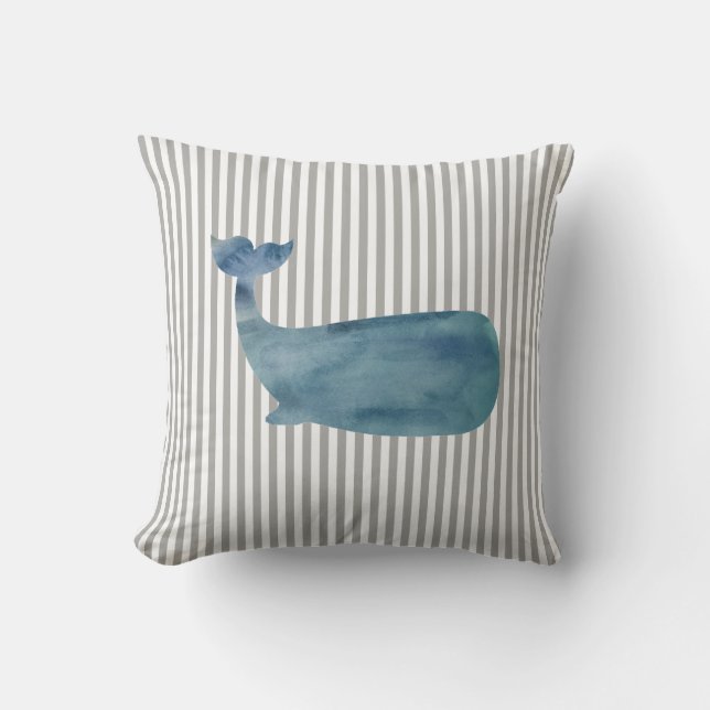 Blue Whale Stripe Nautical Throw Pillow (Front)
