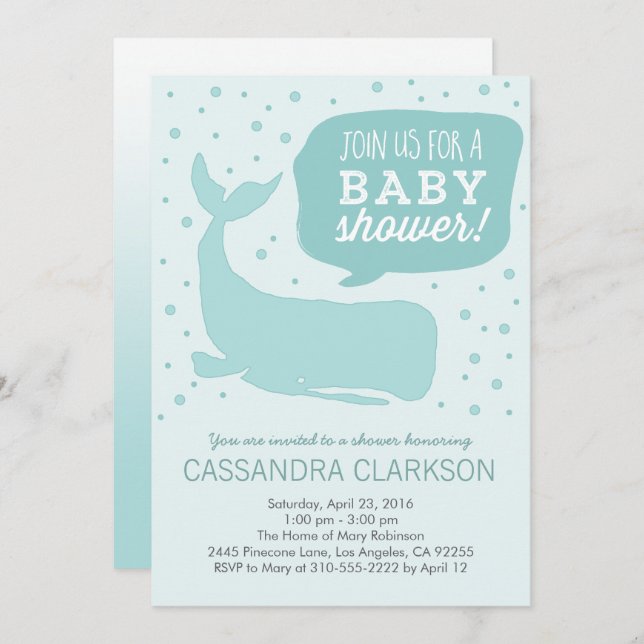 Blue Whale Stylish Baby Shower Invitations (Front/Back)