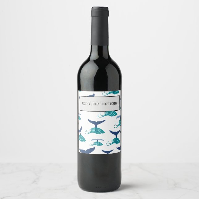 Blue Whale Tail Waves Sea Animal Ocean Marine Wine Label (Front)