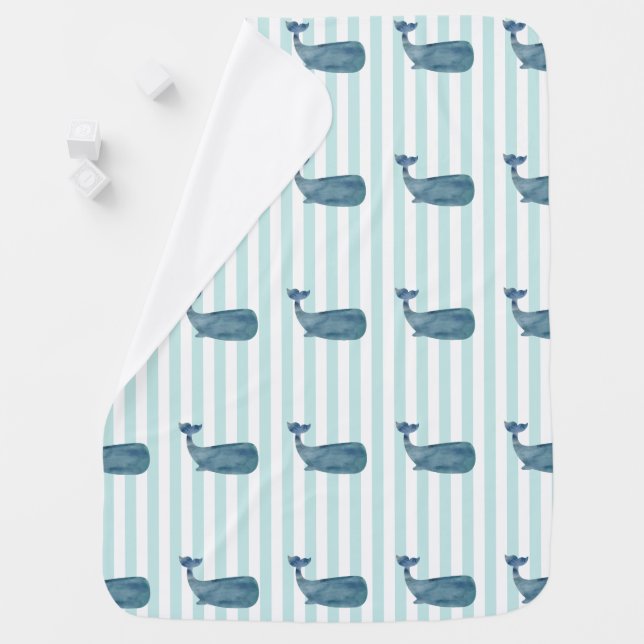 Blue Whale Teal Stripe Baby Blanket (In Situ)