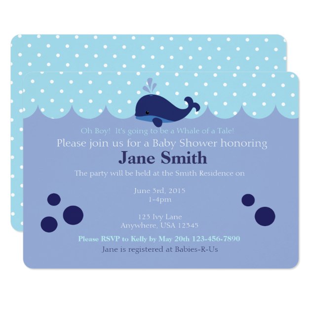 Blue Whale Themed Baby Boy Shower Invitatio Invitation