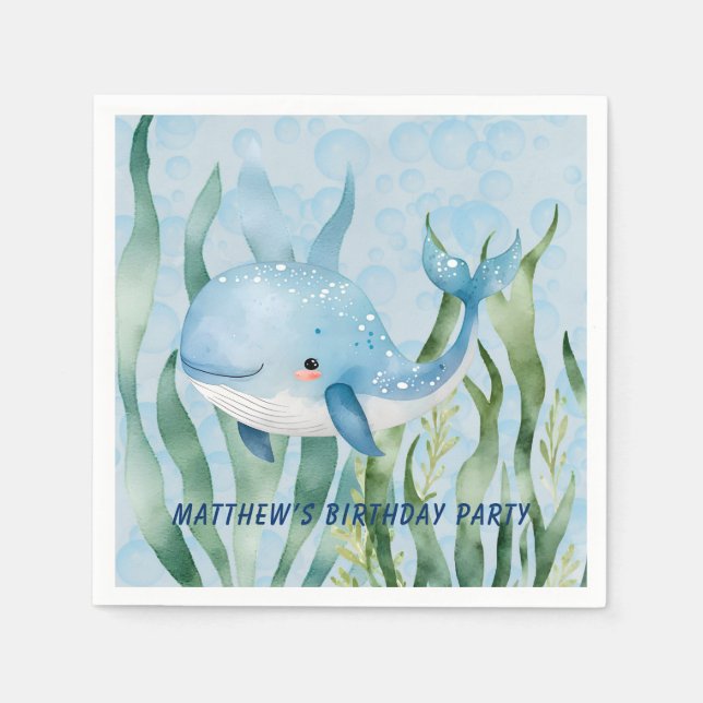 Blue Whale Under The Sea Boy Birthday Party Napkins (Front)