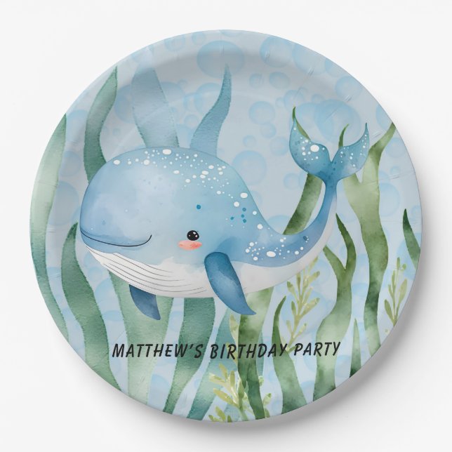 Blue Whale Under The Sea Boy Birthday Party Paper Plates (Front)
