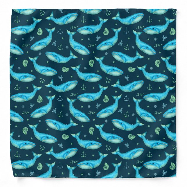 Blue Whale Watching Nautical Beach Sea Pattern Bandana (Front)