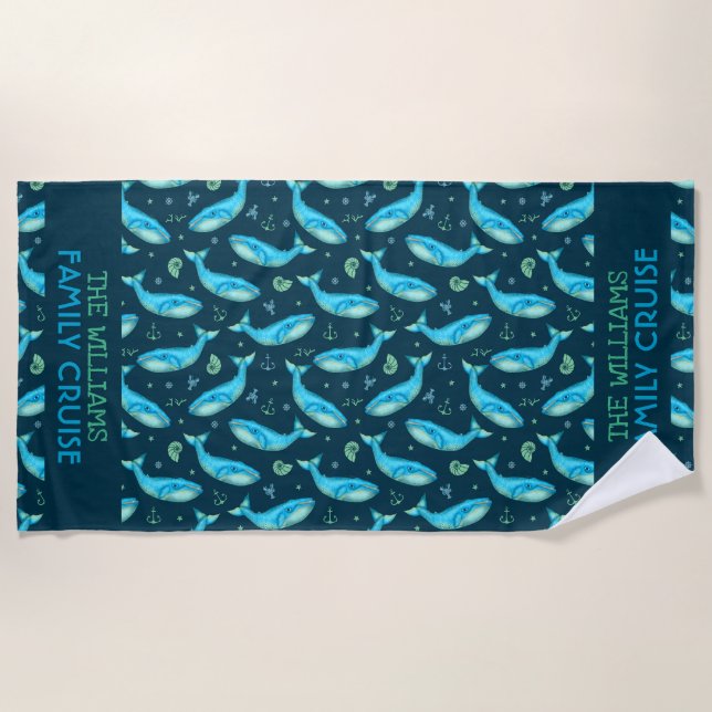 Blue Whale Watching Nautical Custom Family Cruise Beach Towel (Front)