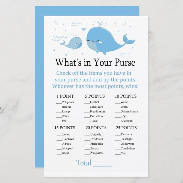 Blue Whale What's in your purse game (Front/Back)