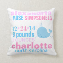 Blue Whale with Pink Zig Zag Birth Announcement Throw Pillow