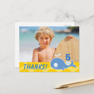 Blue Whale Yellow Dots Boy's Birthday Thanks Photo Postcard