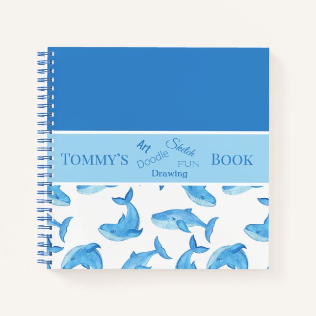 Blue Whale Your Name Ocean Sea Life Kids Sketch Notebook (Front)