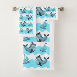 Blue Whales and Sailboats Bath Towel Set