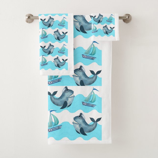 Blue Whales and Sailboats  Bath Towel Set (Insitu)