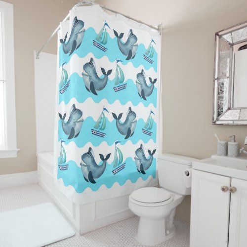 Blue Whales And Sailboats  Shower Curtain